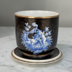 19th Century Hand-Painted Porcelain Cache Pot with Saucer