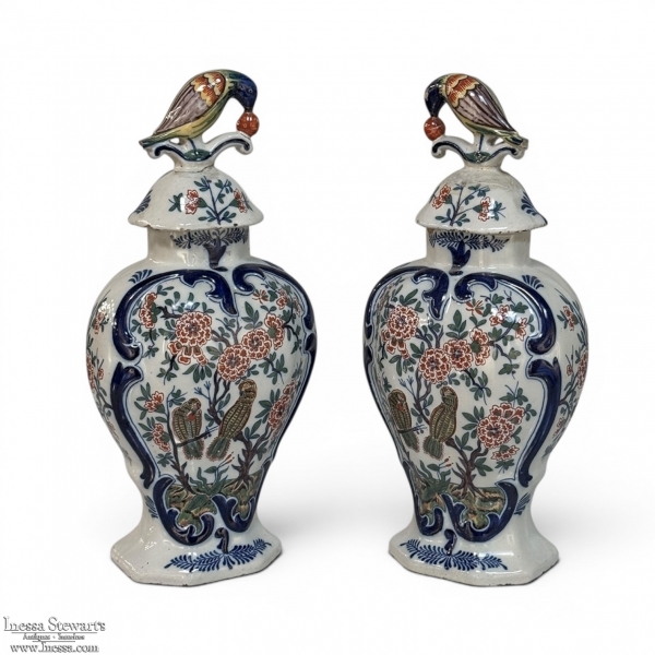 Pair 18th Century Delft Ceramic Lidded Vases