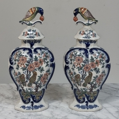 Pair 18th Century Delft Ceramic Lidded Vases