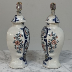 Pair 18th Century Delft Ceramic Lidded Vases