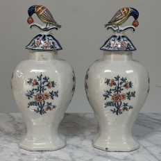 Pair 18th Century Delft Ceramic Lidded Vases
