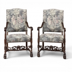 Pair Antique French Louis XIII Armchairs with Tapestry Upholstery