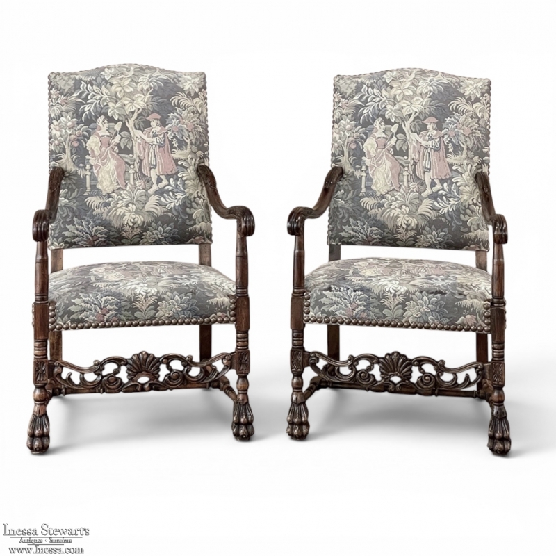 Pair Antique French Louis XIII Armchairs with Tapestry Upholstery