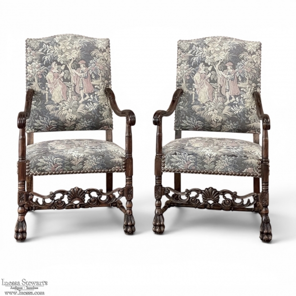 Pair Antique French Louis XIII Armchairs with Tapestry Upholstery