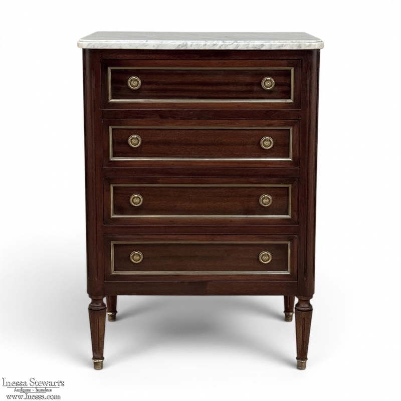 French Louis XVI Petite Mahogany Commode with Carrara Marble