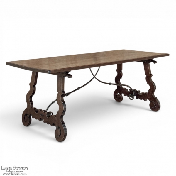 19th Century Spanish Walnut Dining Table with Wrought Iron