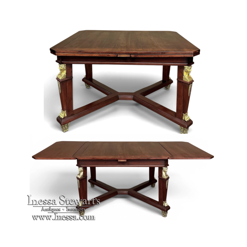 Antique French Empire Mahogany Draw Leaf Dining Table with Bronze Mounts