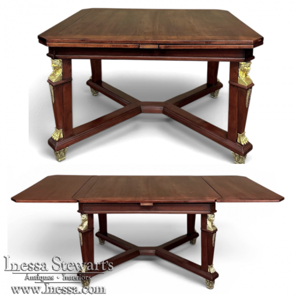 Antique French Empire Mahogany Draw Leaf Dining Table with Bronze Mounts