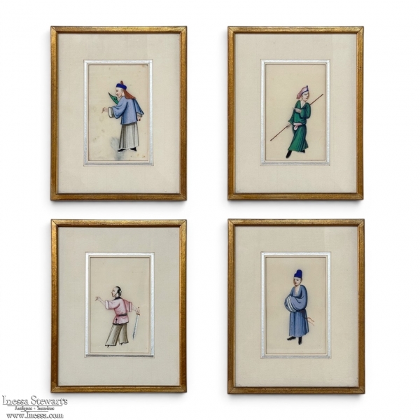 Set of Four Framed 18th Century Japanese Hand-Painted Figures
