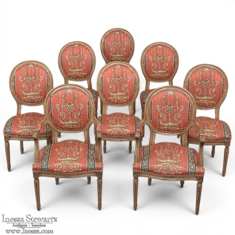 Set of 8 French Louis XVI Fruitwood Dining Chairs includes 2 Armchairs