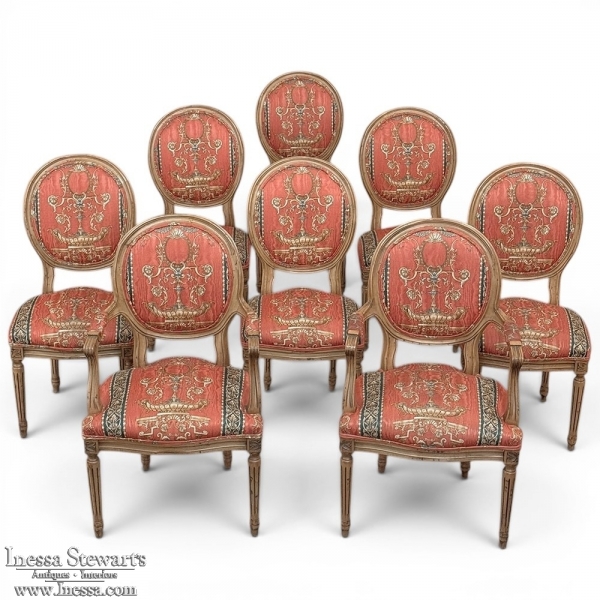 Set of 8 French Louis XVI Fruitwood Dining Chairs includes 2 Armchairs