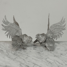 Pair French Silver Plated Brass Rooster Bookends ~ Decorative Figures