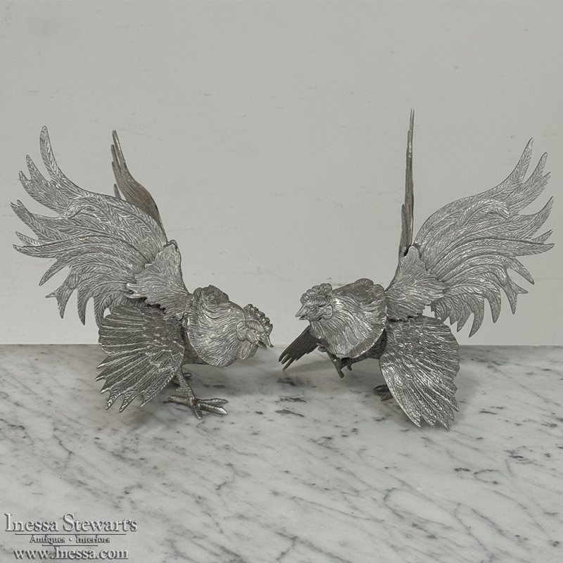 Pair French Silver Plated Brass Rooster Bookends ~ Decorative Figures