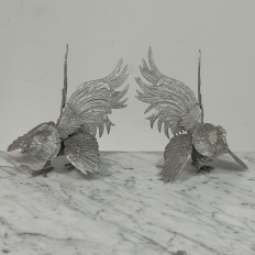 Pair French Silver Plated Brass Rooster Bookends ~ Decorative Figures