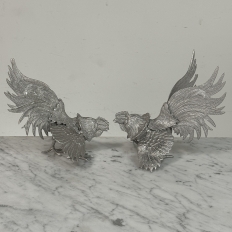 Pair French Silver Plated Brass Rooster Bookends ~ Decorative Figures
