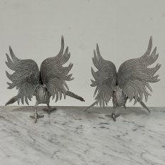 Pair French Silver Plated Brass Rooster Bookends ~ Decorative Figures