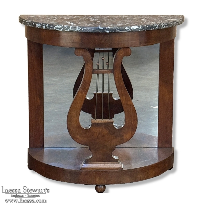 Empire Demilune Lyre Console in Mahogany with St. Anne Marble Top