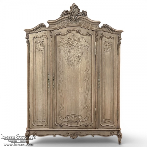 Antique Louis XV Style Stripped Oak Triple Door Armoire