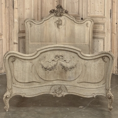 Antique Louis XV Style Stripped Oak Hand-Carved Bed