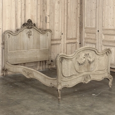 Antique Louis XV Style Stripped Oak Hand-Carved Bed