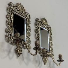 Pair of 19th Century Italian Renaissance Cast Bronze Mirrored Wall Sconces