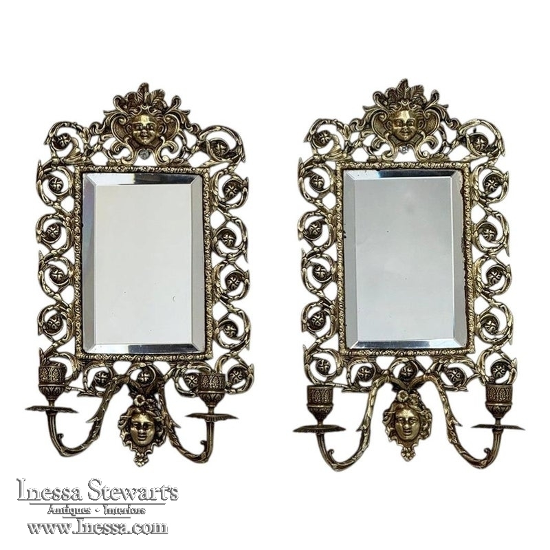 Pair of 19th Century Italian Renaissance Cast Bronze Mirrored Wall Sconces