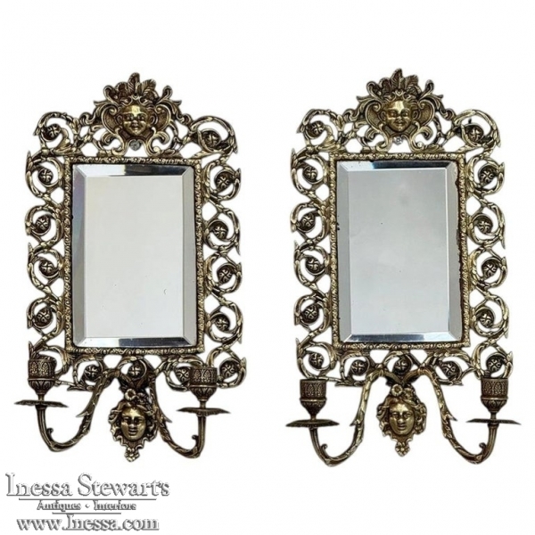 Pair of 19th Century Italian Renaissance Cast Bronze Mirrored Wall Sconces