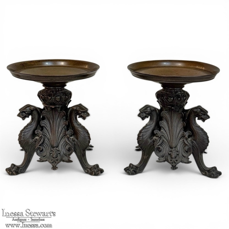 Pair of Renaissance Revival Bronze Rose Bowl ~ Pillar Candle Stands