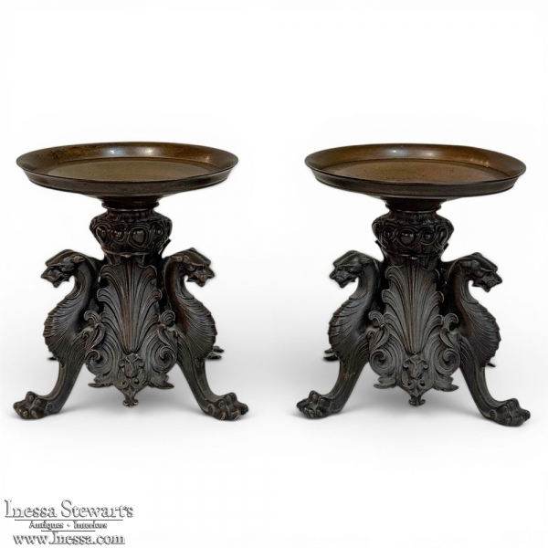 Pair of Renaissance Revival Bronze Rose Bowl ~ Pillar Candle Stands
