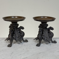 Pair of Renaissance Revival Bronze Rose Bowl ~ Pillar Candle Stands