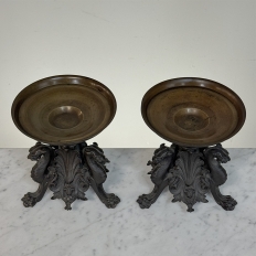 Pair of Renaissance Revival Bronze Rose Bowl ~ Pillar Candle Stands