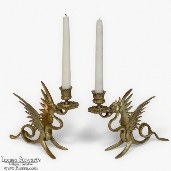 Pair of Renaissance Revival Brass Dragon Candlesticks