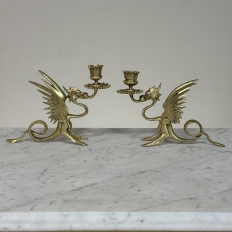 Pair of Renaissance Revival Brass Dragon Candlesticks