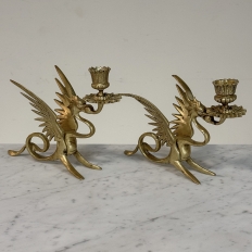 Pair of Renaissance Revival Brass Dragon Candlesticks