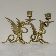 Pair of Renaissance Revival Brass Dragon Candlesticks