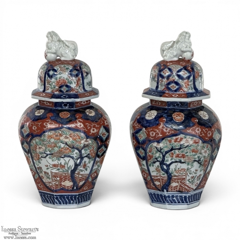 Pair 19th Century Meiji Period Japanese Imari Lidded Urns