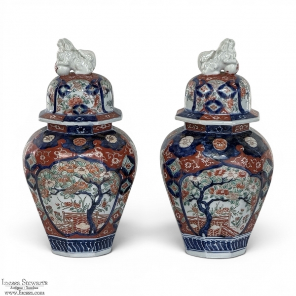 Pair 19th Century Meiji Period Japanese Imari Lidded Urns