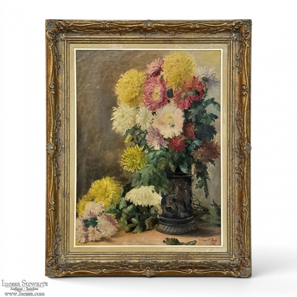 Framed Oil on Canvas, Still Life with Chrysanthemums, by M. Taquet-Beal, 1944, Belgium