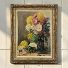 Framed Oil on Canvas, Still Life with Chrysanthemums, by M. Taquet-Beal, 1944, Belgium