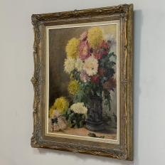 Framed Oil on Canvas, Still Life with Chrysanthemums, by M. Taquet-Beal, 1944, Belgium