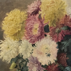 Framed Oil on Canvas, Still Life with Chrysanthemums, by M. Taquet-Beal, 1944, Belgium