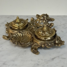 19th Century French Brass Double Inkwell with Cherub Motif
