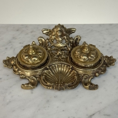 19th Century French Brass Double Inkwell with Cherub Motif