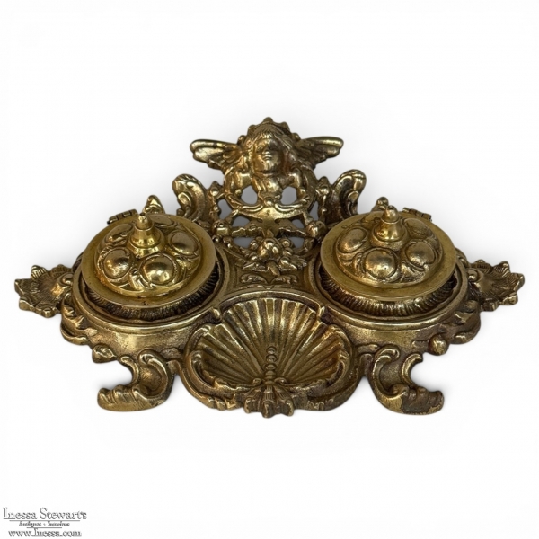 19th Century French Brass Double Inkwell with Cherub Motif