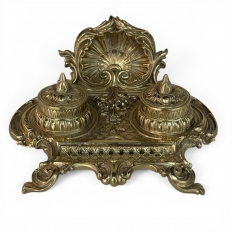 19th Century French Brass Double Inkwell with Shell Crest