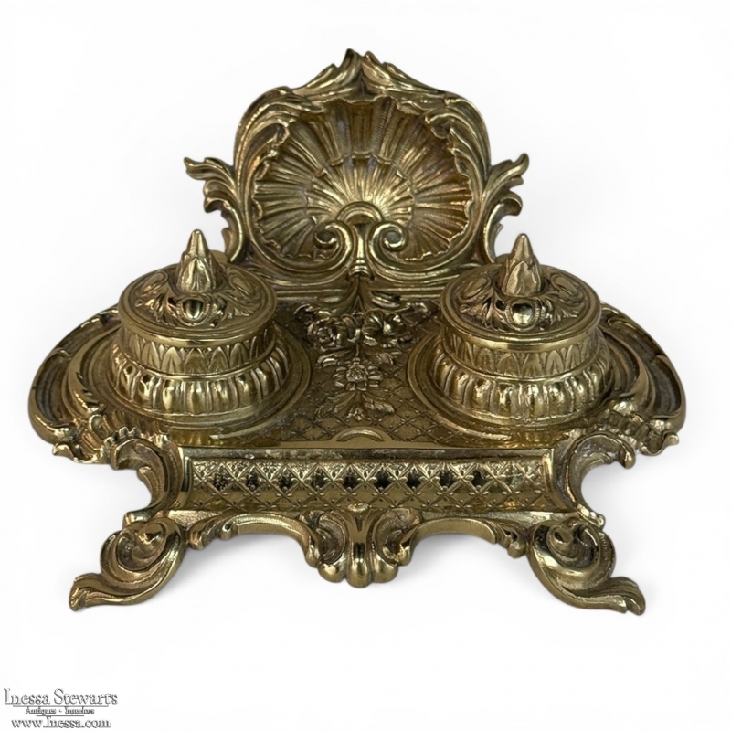 19th Century French Brass Double Inkwell with Shell Crest