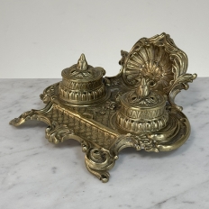 19th Century French Brass Double Inkwell with Shell Crest