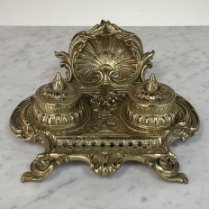 19th Century French Brass Double Inkwell with Shell Crest