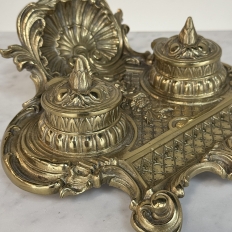 19th Century French Brass Double Inkwell with Shell Crest