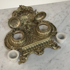 19th Century French Brass Double Inkwell with Shell Crest